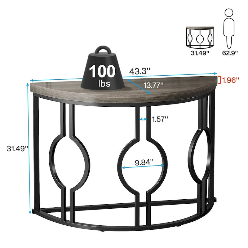 Tavolino consolle a mezza luna per ingresso, Tavolino semicircolare da divano con base geometrica