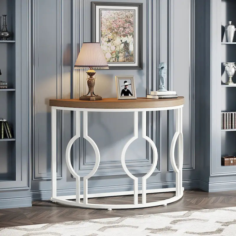 Tavolino consolle a mezza luna per ingresso, Tavolino semicircolare da divano con base geometrica