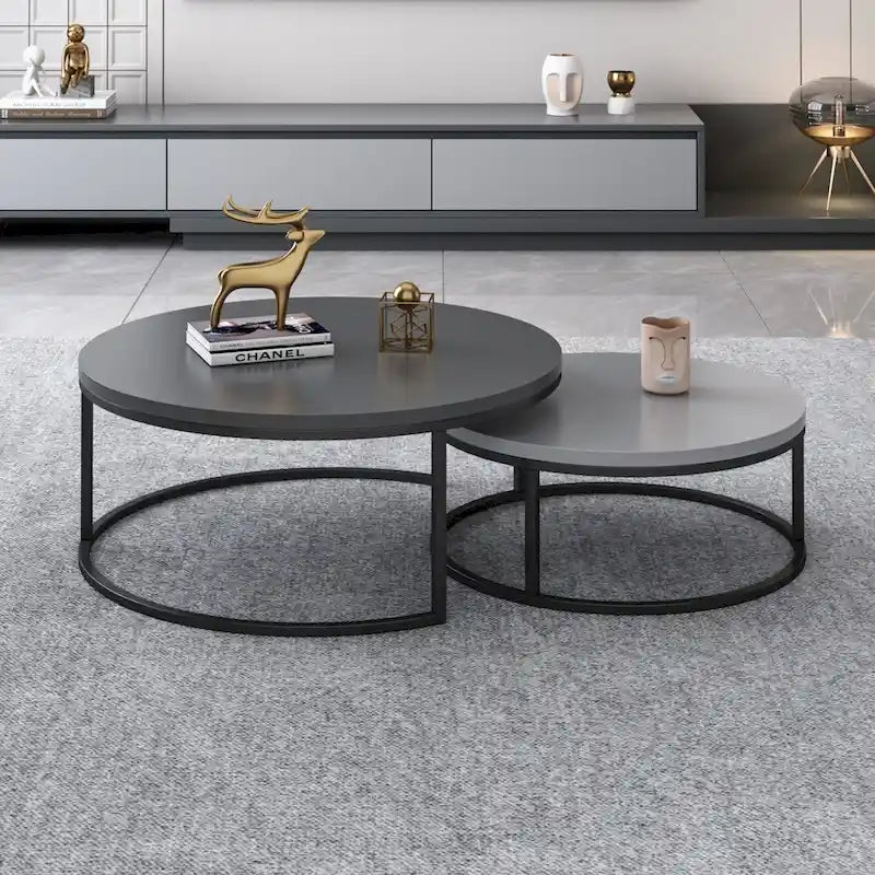 Tavolini rotondi sovrapponibili moderni in legno grigio e nero, da salotto, set da 2 pezzi