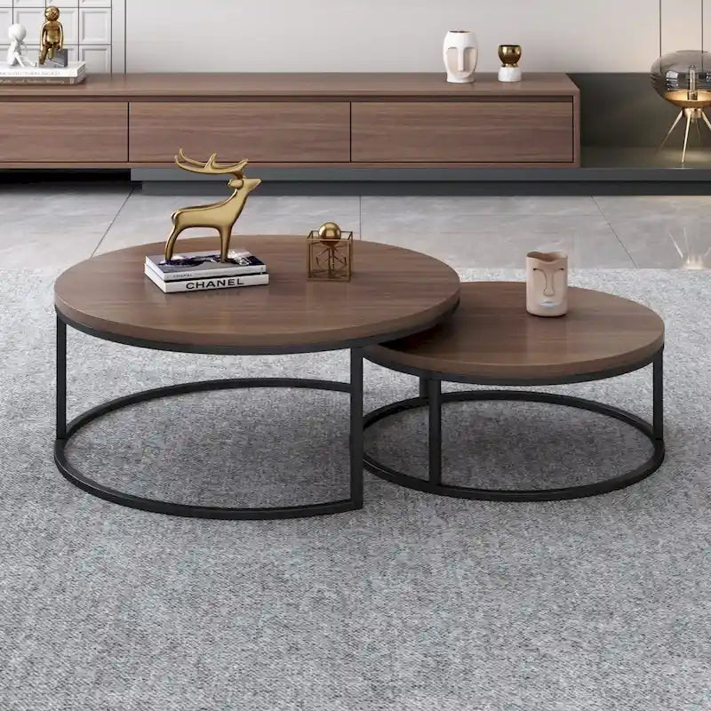 Tavolini rotondi sovrapponibili moderni in legno grigio e nero, da salotto, set da 2 pezzi