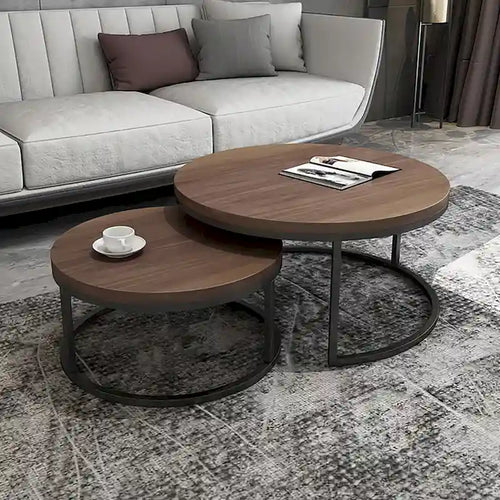 Tavolini rotondi sovrapponibili moderni in legno grigio e nero, da salotto, set da 2 pezzi