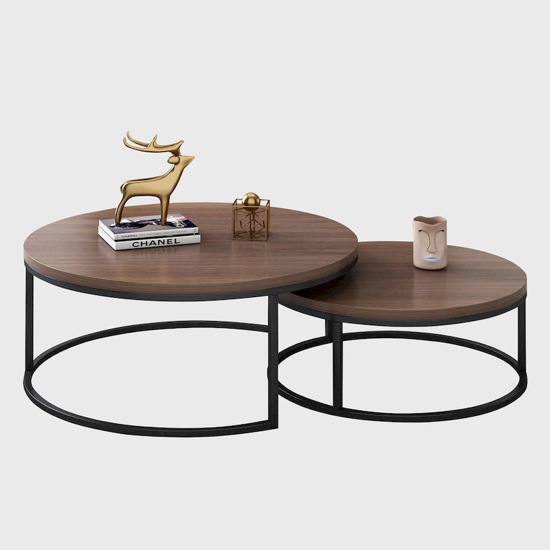 Tavolini rotondi sovrapponibili moderni in legno grigio e nero, da salotto, set da 2 pezzi