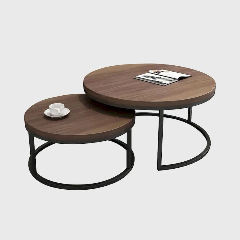 Tavolini rotondi sovrapponibili moderni in legno grigio e nero, da salotto, set da 2 pezzi