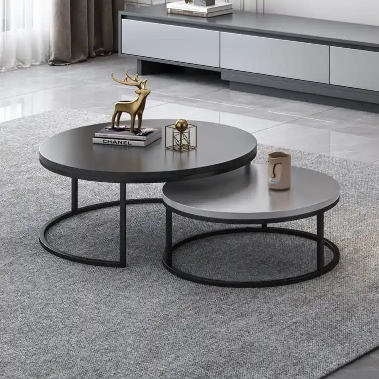 Tavolini rotondi sovrapponibili moderni in legno grigio e nero, da salotto, set da 2 pezzi