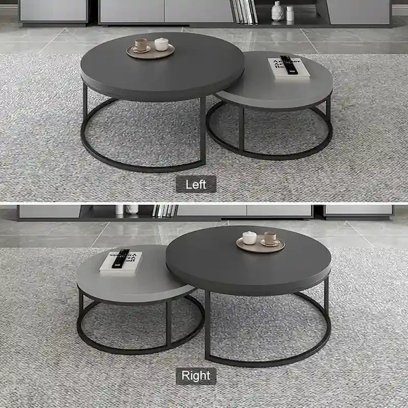 Tavolini rotondi sovrapponibili moderni in legno grigio e nero, da salotto, set da 2 pezzi