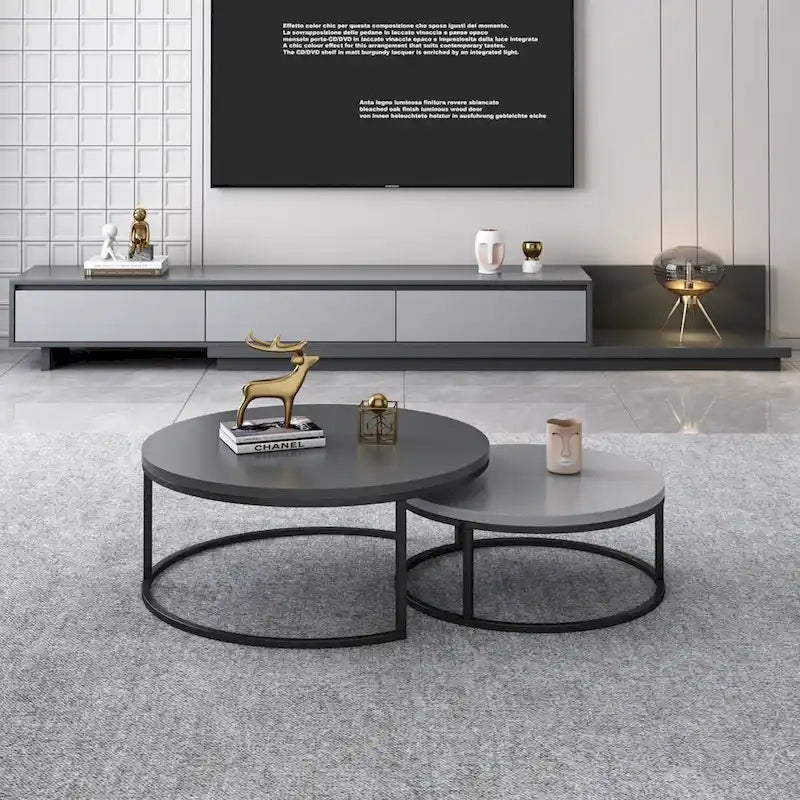 Tavolini rotondi sovrapponibili moderni in legno grigio e nero, da salotto, set da 2 pezzi