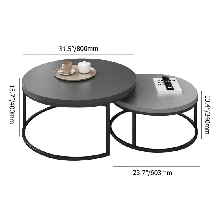 Tavolini rotondi sovrapponibili moderni in legno grigio e nero, da salotto, set da 2 pezzi