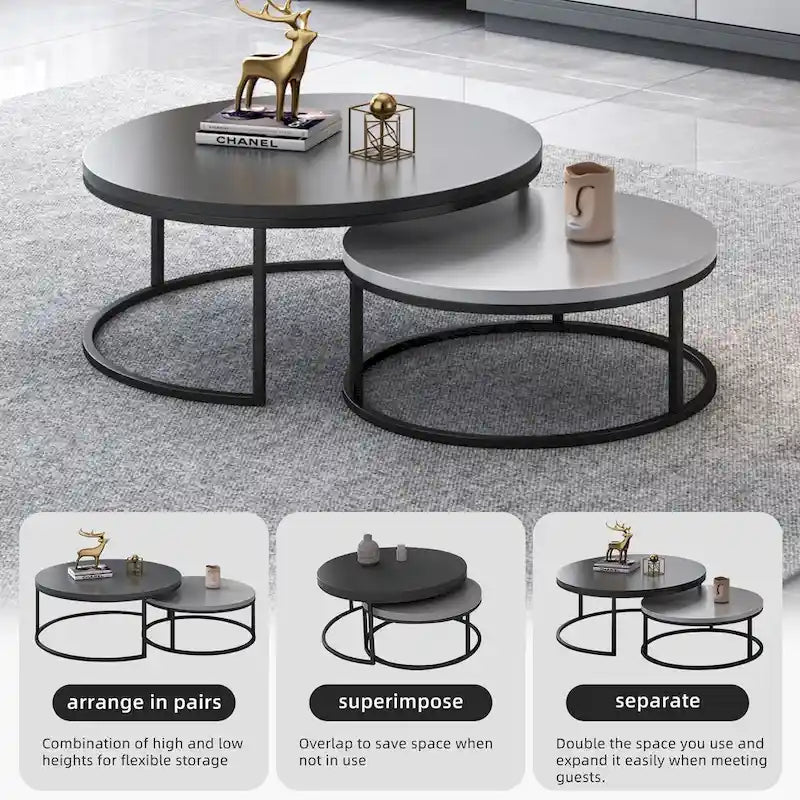Tavolini rotondi sovrapponibili moderni in legno grigio e nero, da salotto, set da 2 pezzi