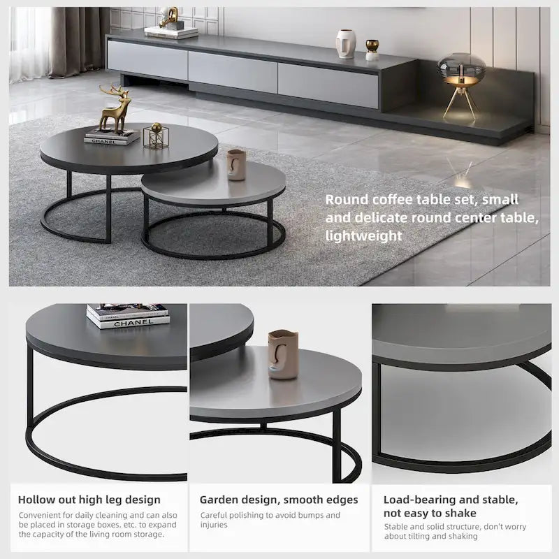 Tavolini rotondi sovrapponibili moderni in legno grigio e nero, da salotto, set da 2 pezzi