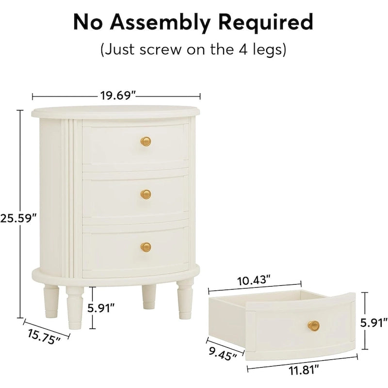 Comodino con 3 cassetti completamente assemblato
