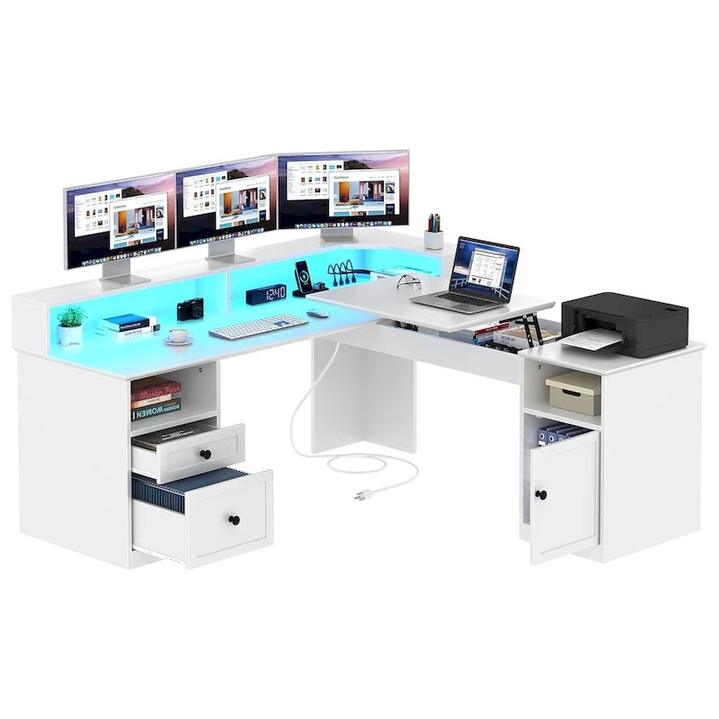 Scrivania a L da 59" Angolare per Computer da Gaming con LED, Cassettiera e Piano Alzabile