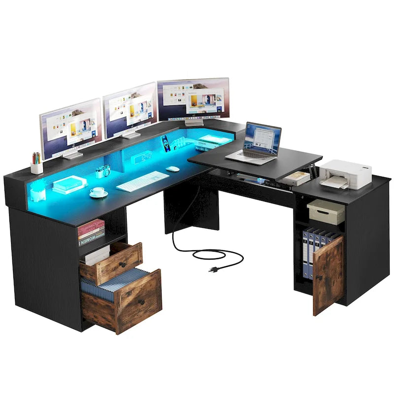Scrivania a L da 59" Angolare per Computer da Gaming con LED, Cassettiera e Piano Alzabile
