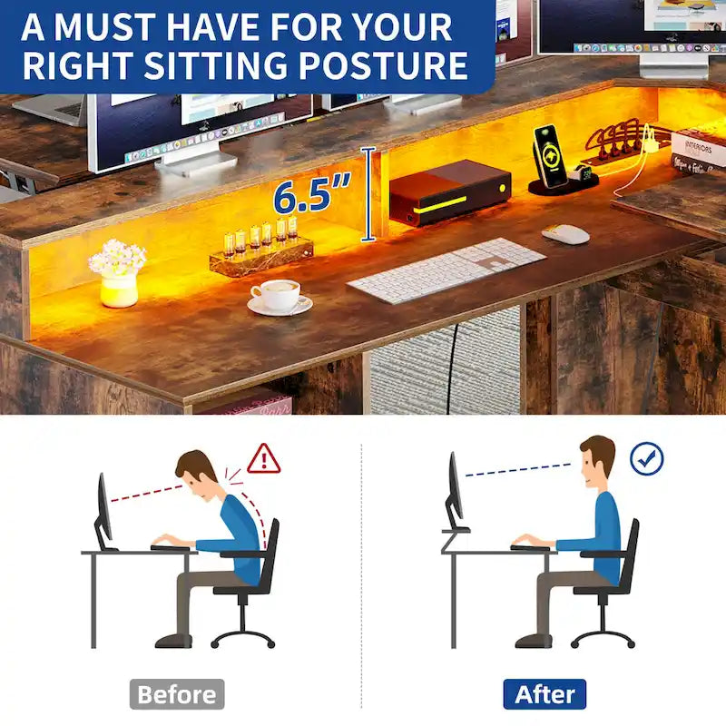 Scrivania a L da 59" Angolare per Computer da Gaming con LED, Cassettiera e Piano Alzabile