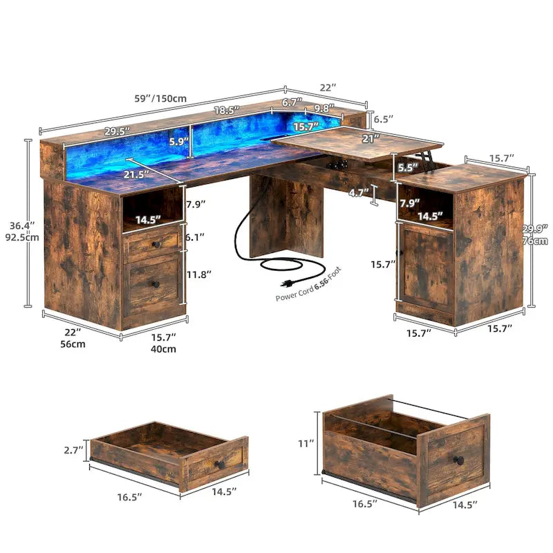 Scrivania a L da 59" Angolare per Computer da Gaming con LED, Cassettiera e Piano Alzabile