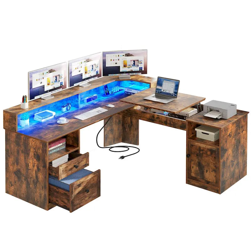 Scrivania a L da 59" Angolare per Computer da Gaming con LED, Cassettiera e Piano Alzabile