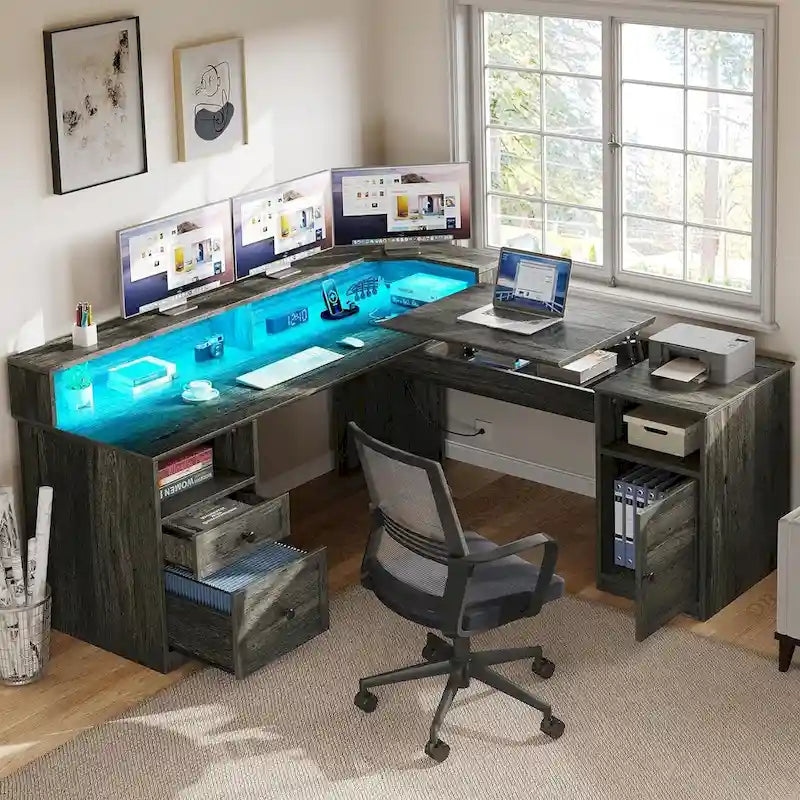 Scrivania a L da 59" Angolare per Computer da Gaming con LED, Cassettiera e Piano Alzabile