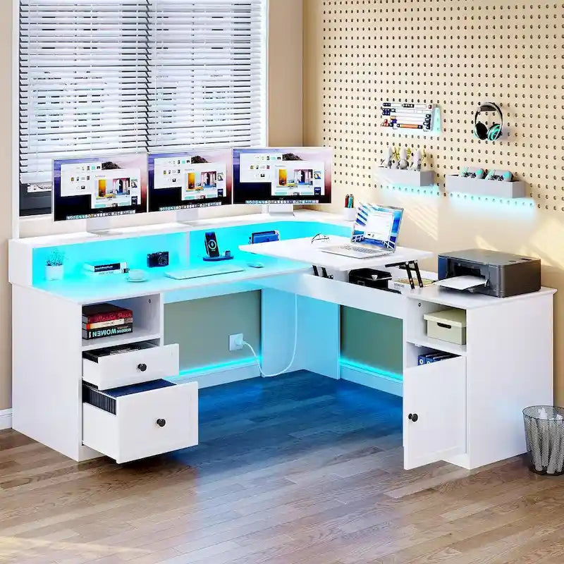 Scrivania a L da 59" Angolare per Computer da Gaming con LED, Cassettiera e Piano Alzabile