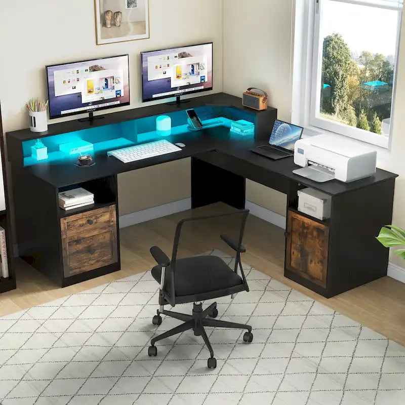Scrivania a L da 59" Angolare per Computer da Gaming con LED, Cassettiera e Piano Alzabile