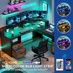 Scrivania a L da 59" Angolare per Computer da Gaming con LED, Cassettiera e Piano Alzabile