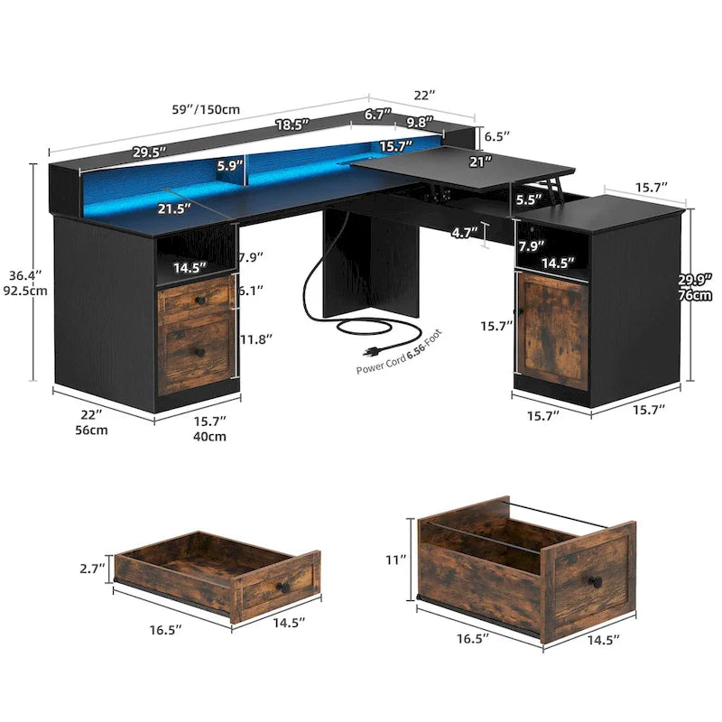 Scrivania a L da 59" Angolare per Computer da Gaming con LED, Cassettiera e Piano Alzabile