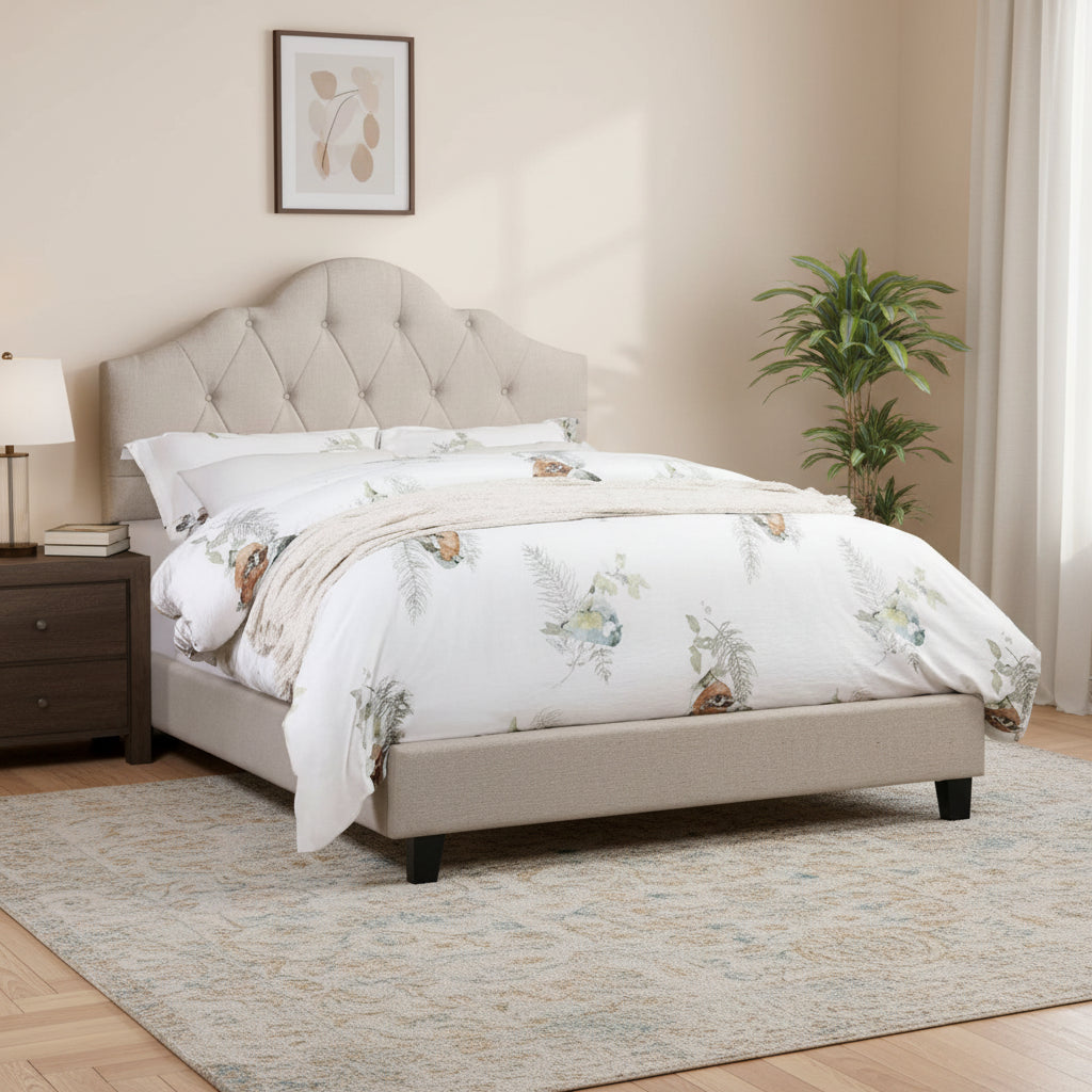 Eni Upholstered Full Size Bed, Tufted Adjustable Headboard, Taupe Fabric