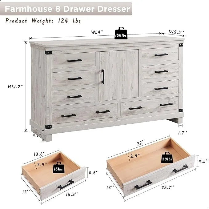 Comò a 8 cassetti da fattoria, Comò lungo in legno, Comò da armadio