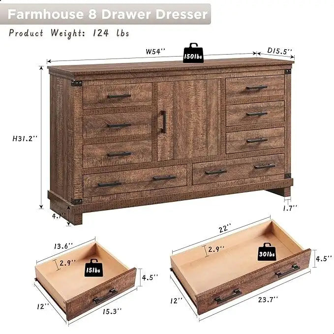 Comò a 8 cassetti da fattoria, Comò lungo in legno, Comò da armadio