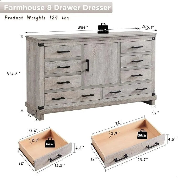 Comò a 8 cassetti da fattoria, Comò lungo in legno, Comò da armadio