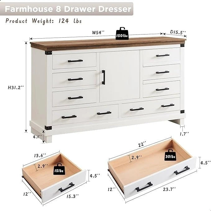 Comò a 8 cassetti da fattoria, Comò lungo in legno, Comò da armadio