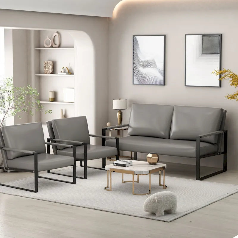 Divano da salotto in pelle PU a 3 pezzi in stile Mid-Century con 2 poltrone e 1 divanetto
