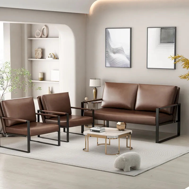 Divano da salotto in pelle PU a 3 pezzi in stile Mid-Century con 2 poltrone e 1 divanetto