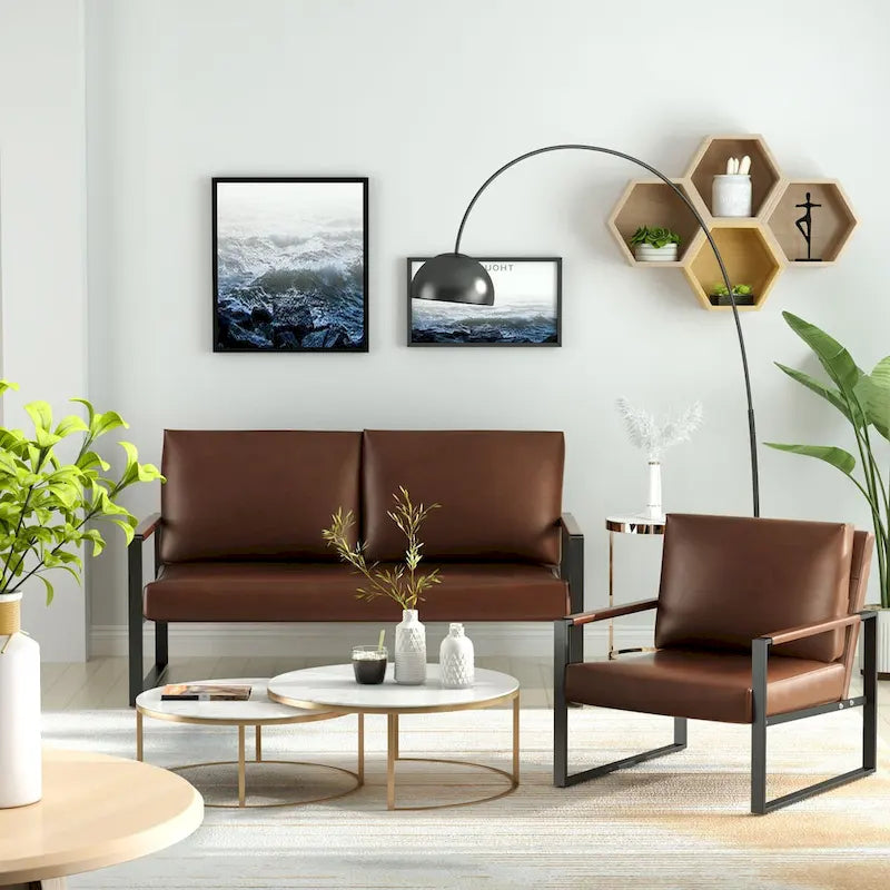 Divano da salotto in pelle PU a 3 pezzi in stile Mid-Century con 2 poltrone e 1 divanetto
