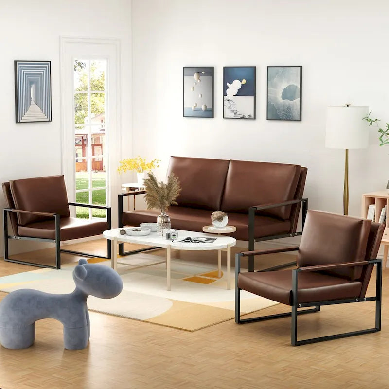 Divano da salotto in pelle PU a 3 pezzi in stile Mid-Century con 2 poltrone e 1 divanetto