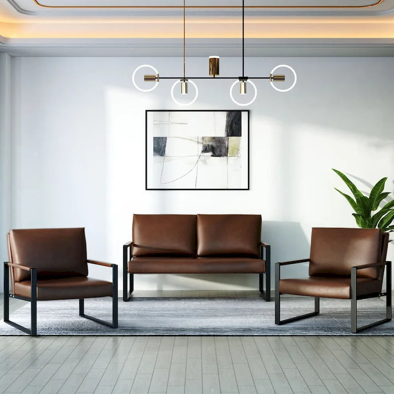 Divano da salotto in pelle PU a 3 pezzi in stile Mid-Century con 2 poltrone e 1 divanetto