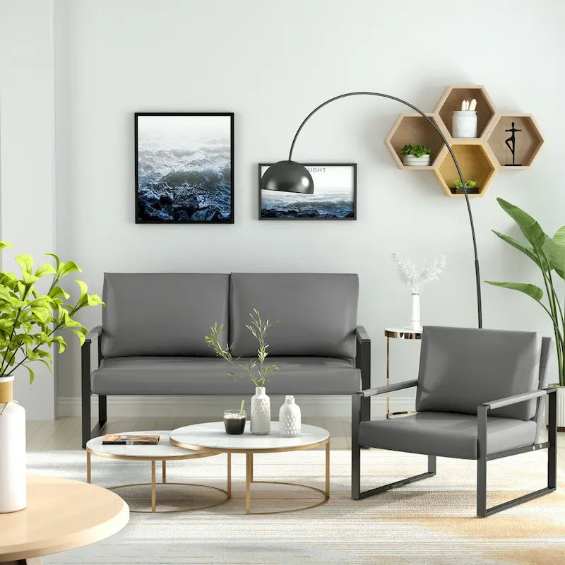 Divano da salotto in pelle PU a 3 pezzi in stile Mid-Century con 2 poltrone e 1 divanetto