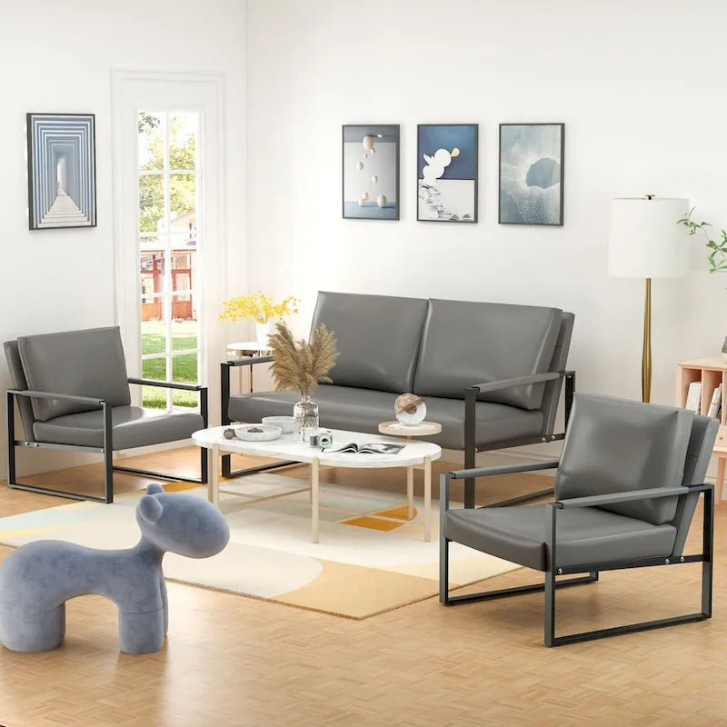 Divano da salotto in pelle PU a 3 pezzi in stile Mid-Century con 2 poltrone e 1 divanetto