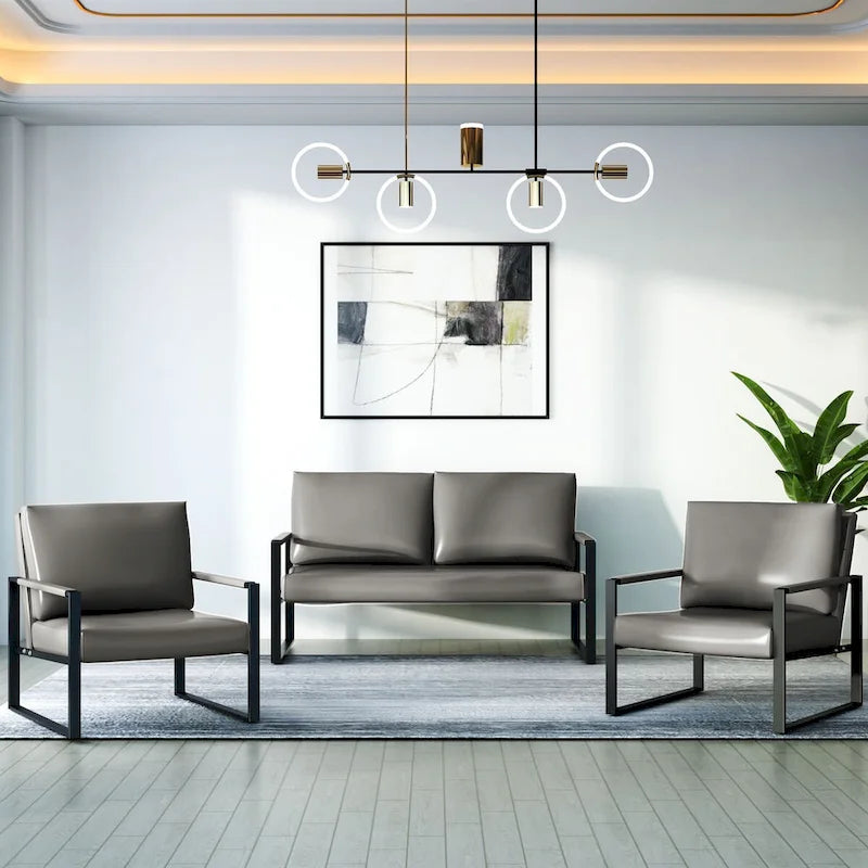 Divano da salotto in pelle PU a 3 pezzi in stile Mid-Century con 2 poltrone e 1 divanetto