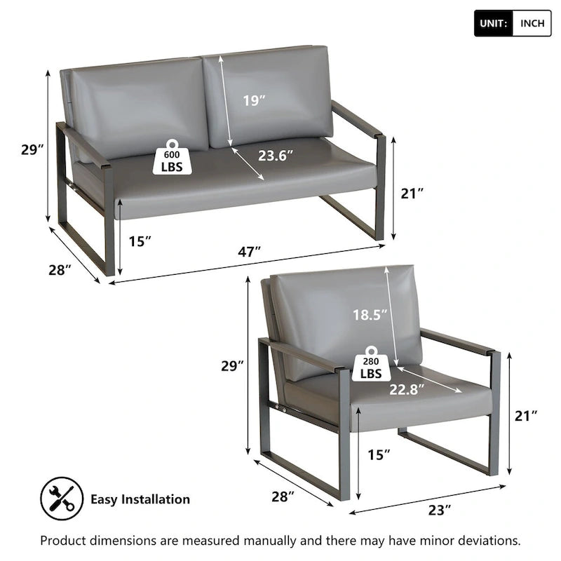Divano da salotto in pelle PU a 3 pezzi in stile Mid-Century con 2 poltrone e 1 divanetto