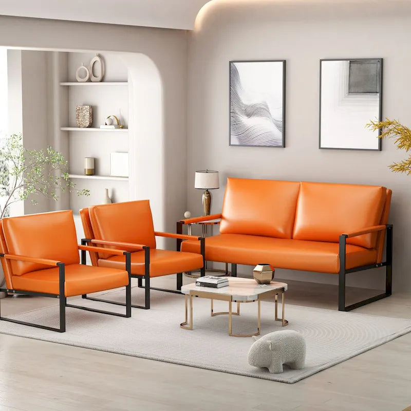Divano da salotto in pelle PU a 3 pezzi in stile Mid-Century con 2 poltrone e 1 divanetto