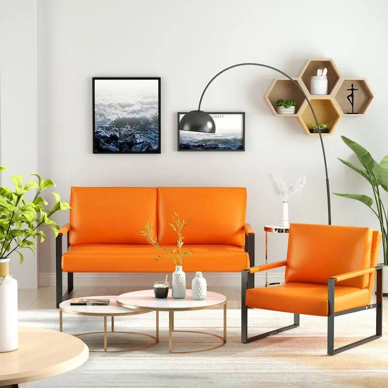 Divano da salotto in pelle PU a 3 pezzi in stile Mid-Century con 2 poltrone e 1 divanetto