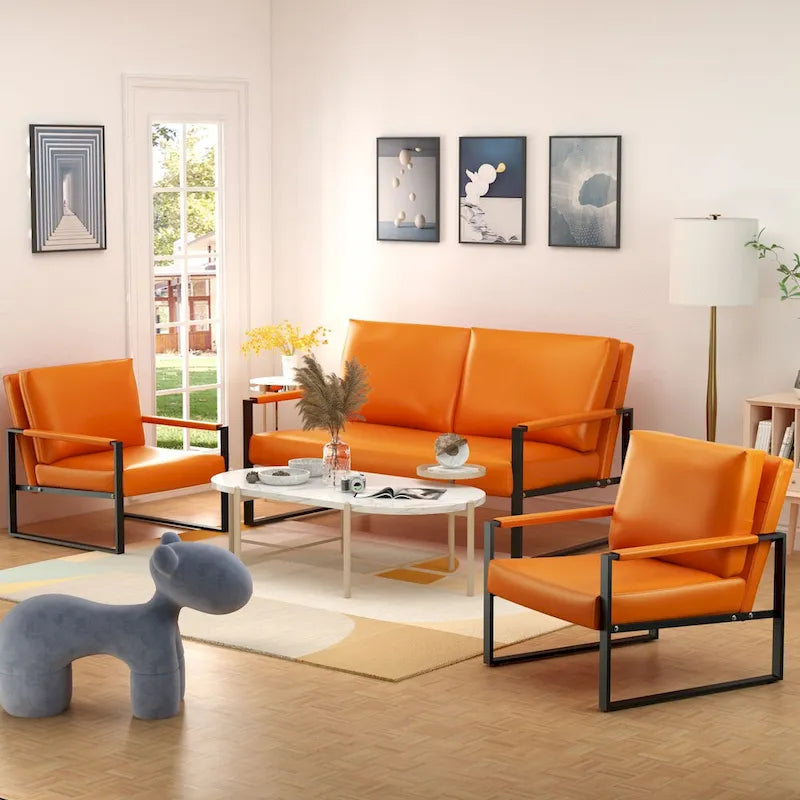Divano da salotto in pelle PU a 3 pezzi in stile Mid-Century con 2 poltrone e 1 divanetto