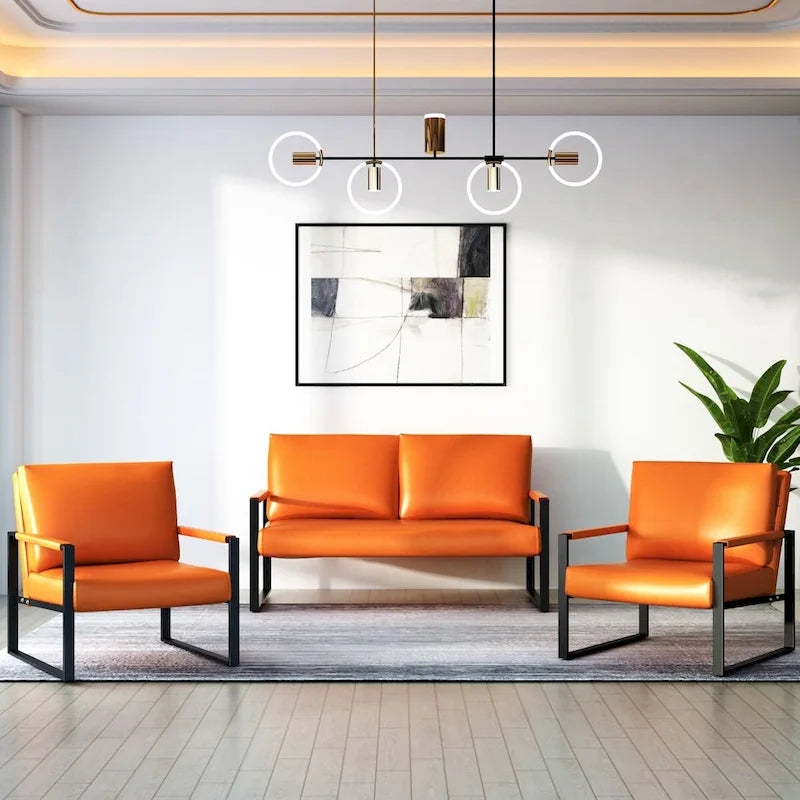 Divano da salotto in pelle PU a 3 pezzi in stile Mid-Century con 2 poltrone e 1 divanetto