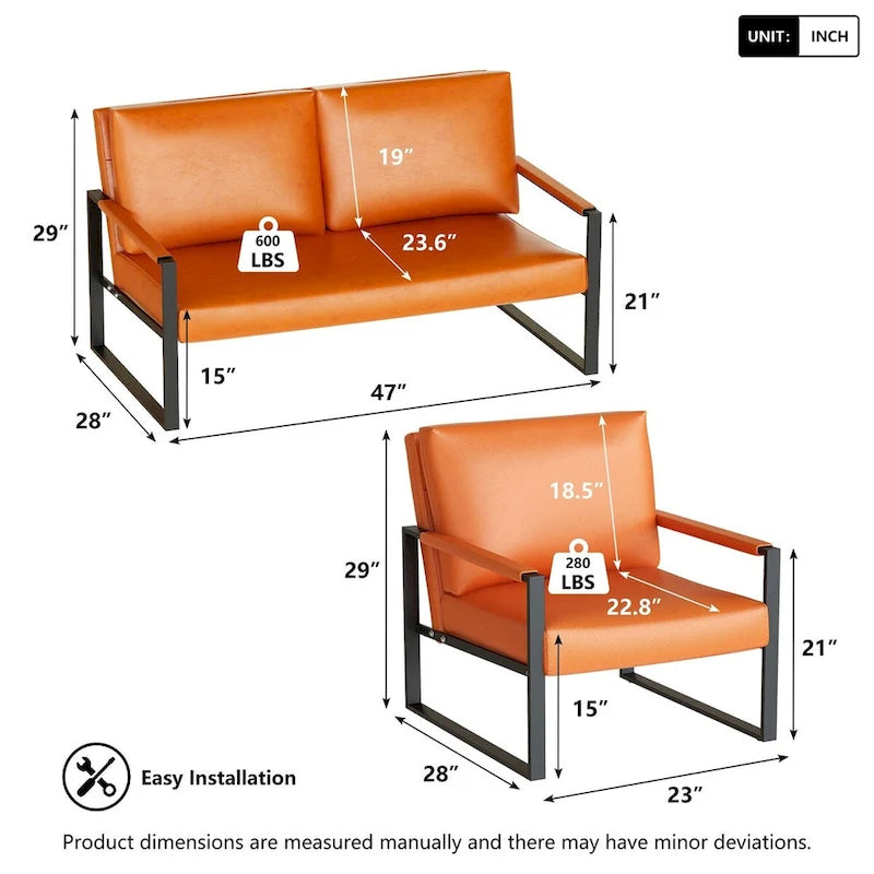 Divano da salotto in pelle PU a 3 pezzi in stile Mid-Century con 2 poltrone e 1 divanetto