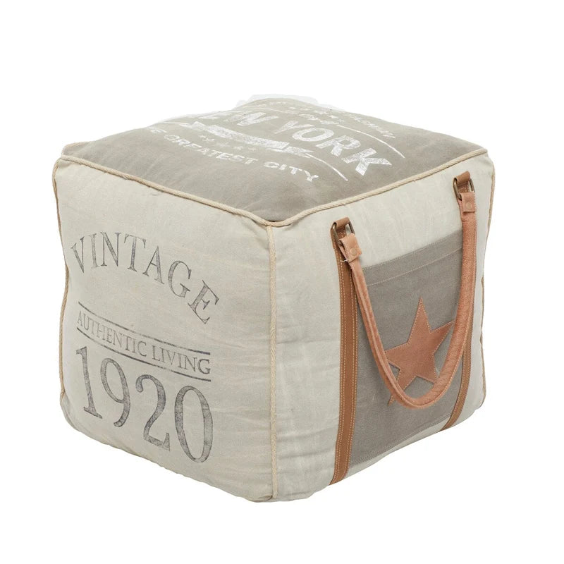 Pouf in tela con manici in pelle - Grigio, Marrone, Bianco, Crema o Beige