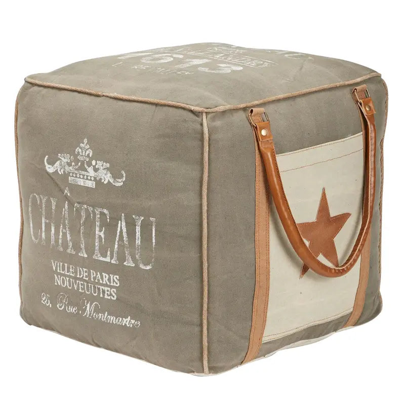 Pouf in tela con manici in pelle - Grigio, Marrone, Bianco, Crema o Beige