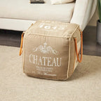 Pouf in tela con manici in pelle - Grigio, Marrone, Bianco, Crema o Beige