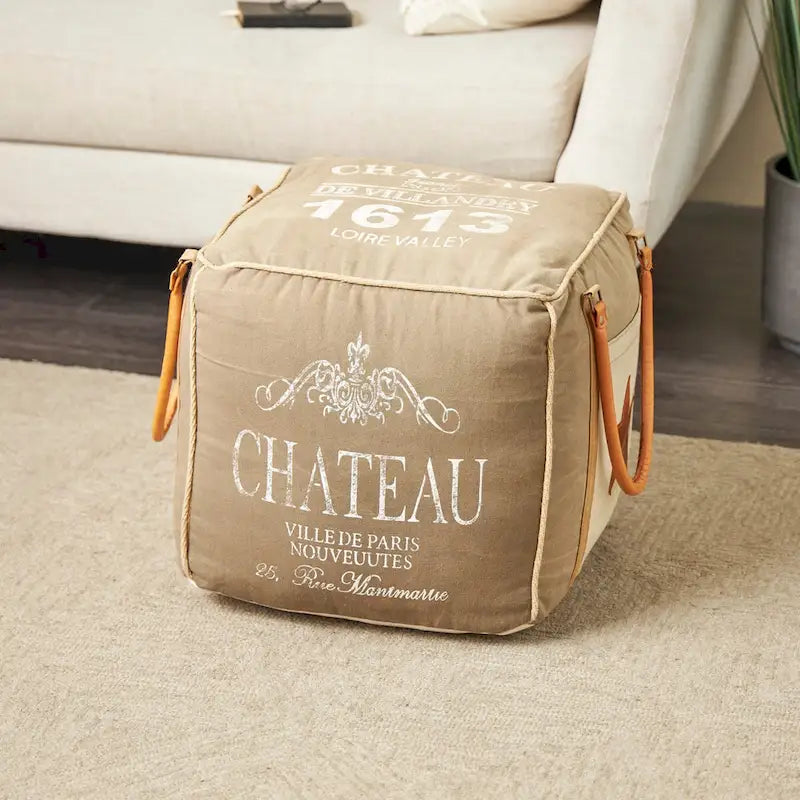 Pouf in tela con manici in pelle - Grigio, Marrone, Bianco, Crema o Beige