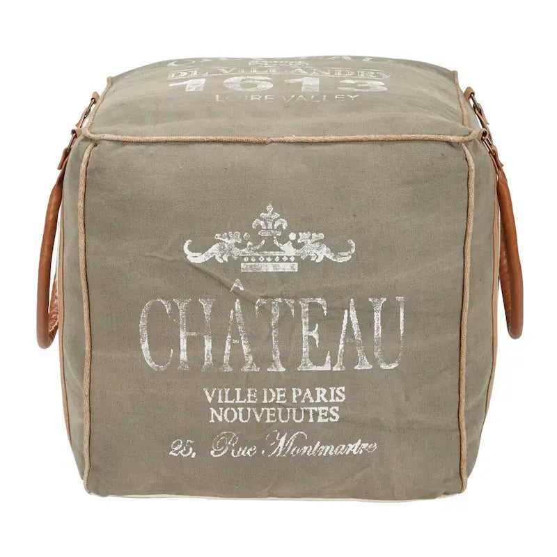 Pouf in tela con manici in pelle - Grigio, Marrone, Bianco, Crema o Beige