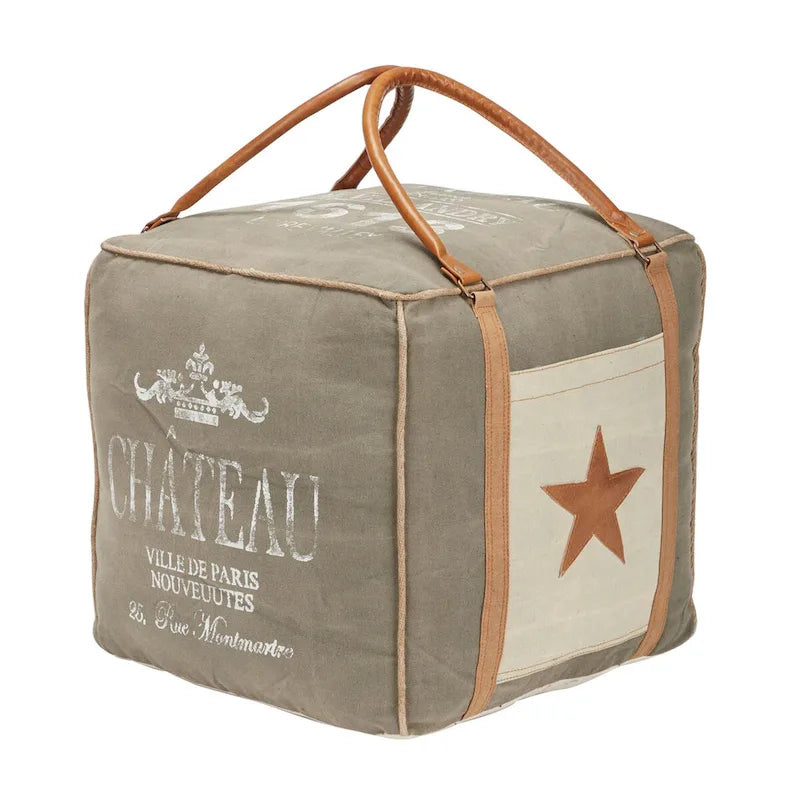 Pouf in tela con manici in pelle - Grigio, Marrone, Bianco, Crema o Beige