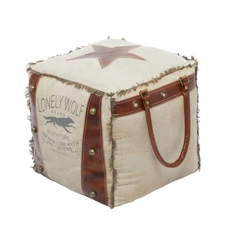 Pouf in tela con manici in pelle - Grigio, Marrone, Bianco, Crema o Beige
